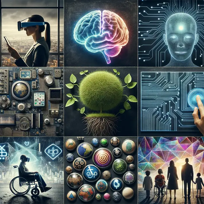 AI Tools for Project Managers - A photo collage showcasing the principles of tech-n-design without the use of light bulbs. On the top left, an individual using augmented reality headsets