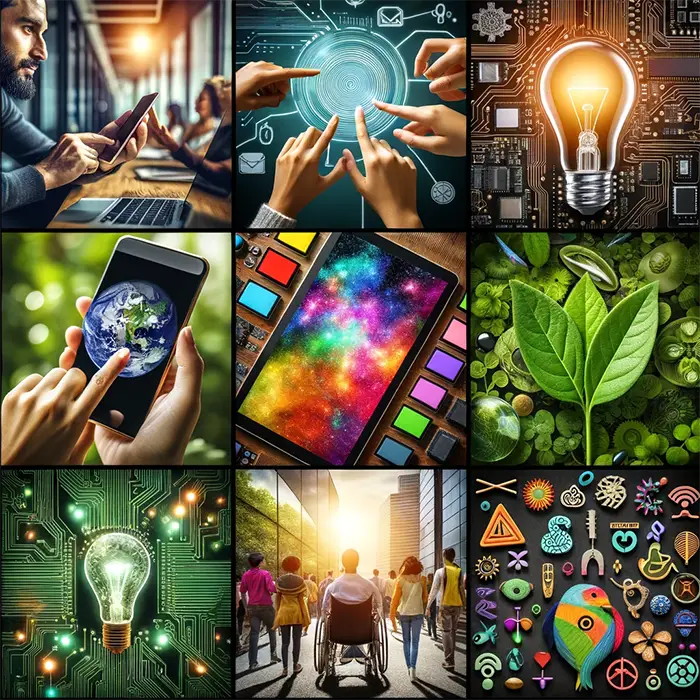 AI Tools for Project Managers - A photo collage showcasing the principles of tech-n-design. On the top left, an individual interacting with a sleek and modern smartphone.