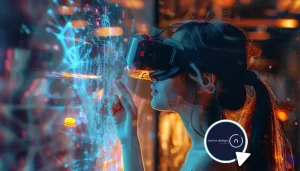 Young woman using augmented reality headset, interacting with digital interface in a real-world setting — symbolizing everyday AR use beyond the tech hype