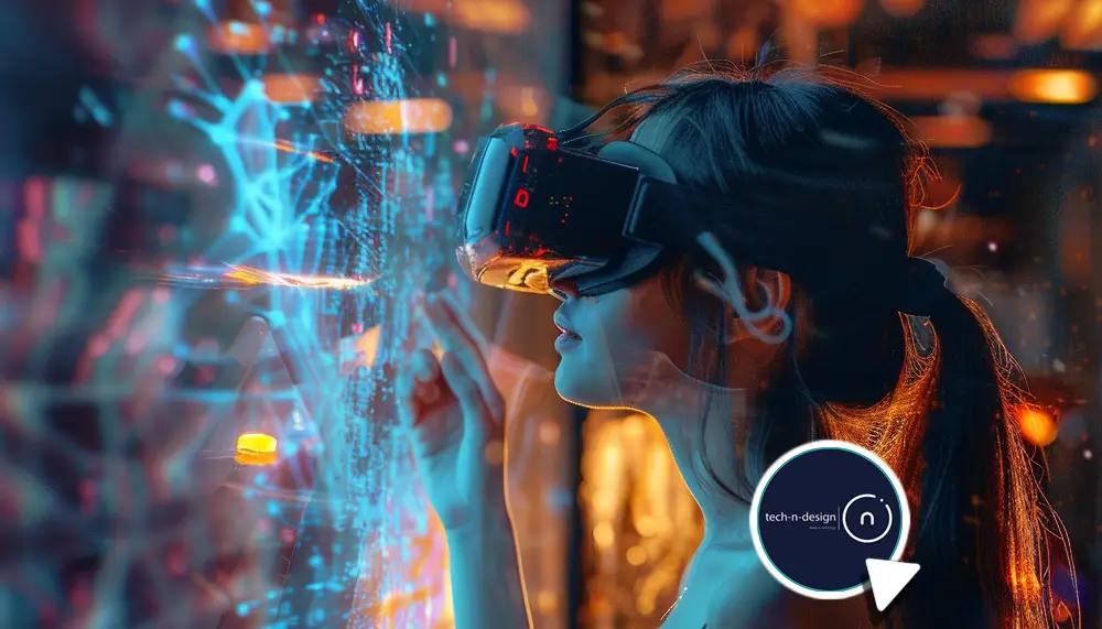 Young woman using augmented reality headset, interacting with digital interface in a real-world setting — symbolizing everyday AR use beyond the tech hype