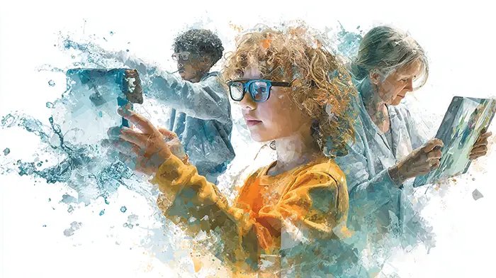 Real-world AR moments — viewing art overlays, learning with AR flashcards, and doing AR-guided rehab — shown over a watercolor backdrop on white.