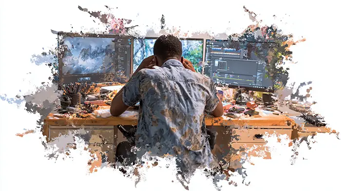 Animator seated at cluttered desk, facing multiple screens filled with animation timelines. Symbolizing the real-world friction of learning complex tools..