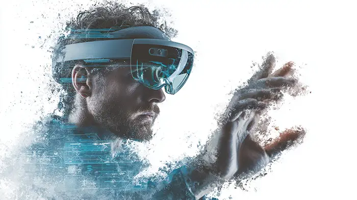 Person wearing AR headset interacting with digital overlays, isolated on white with watercolour splash background