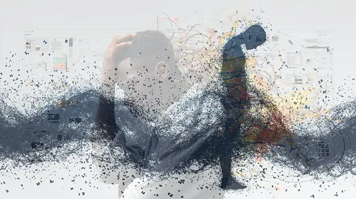 Abstract silhouette dissolving into tangled digital particles, symbolizing the mental strain and unresolved complexity that remains even with AI-powered animation tools