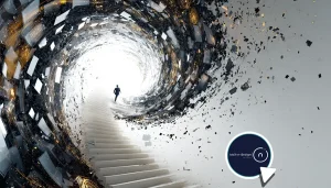 Surreal hyper-realistic illustration of a lone animator climbing a staircase into a black hole made of fragmented UI and animation layers, representing the steep learning curve of animation software in 2025.