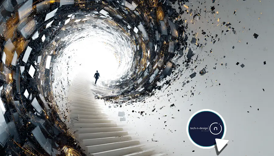 Surreal hyper-realistic illustration of a lone animator climbing a staircase into a black hole made of fragmented UI and animation layers, representing the steep learning curve of animation software in 2025.
