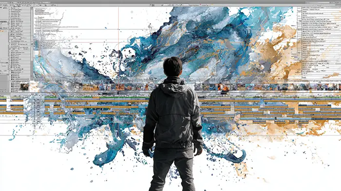 Animator focused on a complex animation timeline, with watercolor background highlighting frustration.