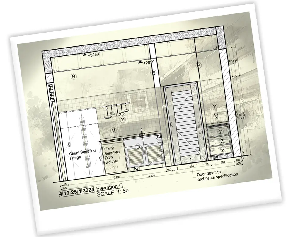 Kitchen elevation drawing with clearly labelled fridge, dishwasher, and cabinets — ideal for simple client handovers