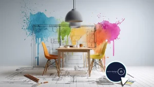 Image of a designer workspace with plan, swatches, and a staged dining vignette emerging on white.