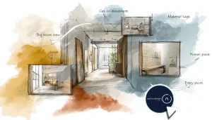 image of an interior video walkthrough with arrows showing movement flow and overlay tags for finishes, illustrating pacing and storytelling in design presentations.