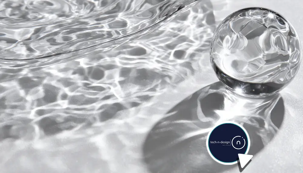 Close-up of water and crystal casting sharp caustic light patterns on a white surface with a chrome sphere, illustrating V-Ray 7 GPU caustics.