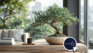 Canva AI Interior Design styled modern living room with a bonsai tree on a wooden table, books and coffee cup beside it, and large window view in the background.