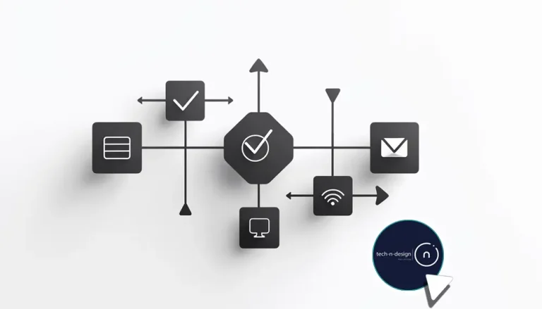 Illustration of a simple automation flow with connected blocks and a checkmark on white.