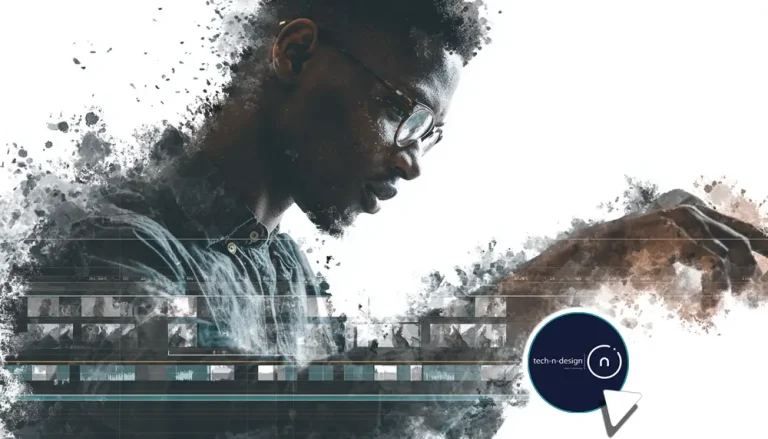 Illustration of a filmmaker using AI-driven video editing tools, combining watercolor splash and charcoal sketch effects on a white background.