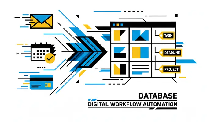 An image showing an email, calendar, and credit card icon connected by a diagonal arrow to an Airtable database with organized tags, representing automated CRM data cleanup and synchronization.