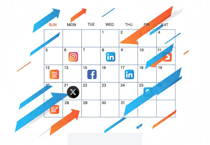 A weekly calendar grid in a Google Sheet. Icons for Twitter, LinkedIn, and Instagram are placed neatly in the calendar slots. A "checkmark" icon is in the corner.