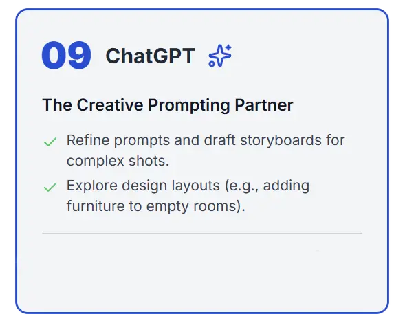 ChatGPT assisting with AI prompt refinement and storyboard creation for professional arch-viz workflows.