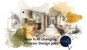 A long interior corridor with red wayfinding markers and overlay boxes, illustrating how AI-driven analysis is reshaping interior design jobs in 2025–2026.
