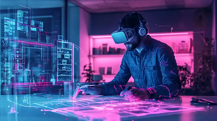 Interior designer wearing a VR headset using AI-powered 3D tools to edit digital floor plans in a neon-lit studio, showing how designers use AI in daily work.