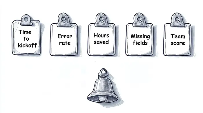 Minimal KPI dashboard with time to kickoff, error rate, hours saved, missing fields, and team score.