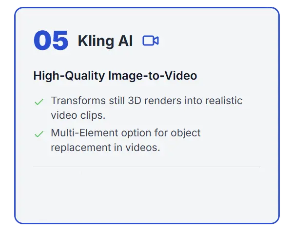 Kling AI transforming static 3D architectural renders into realistic motion video clips.