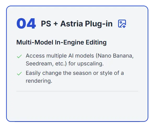 Photoshop with Astria plug-in used for AI upscaling and seasonal style adjustments in render editing.