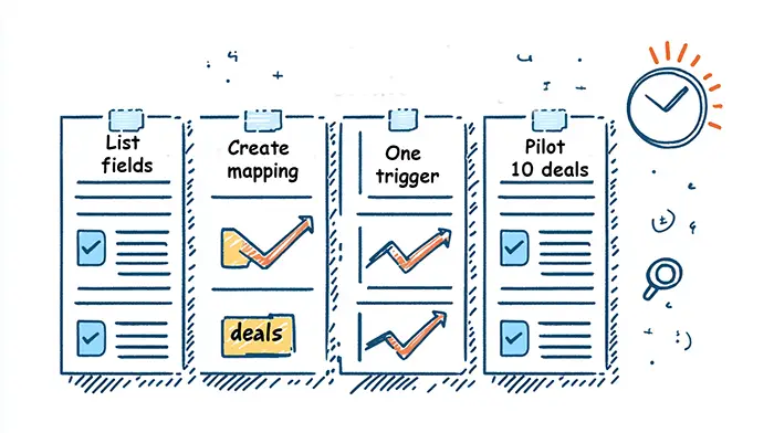 Vertical four-step checklist showing list fields, create mapping, one trigger, and a 10-deal pilot.