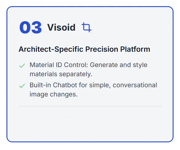Visoid AI software offering material ID control and conversational image editing for architects.
