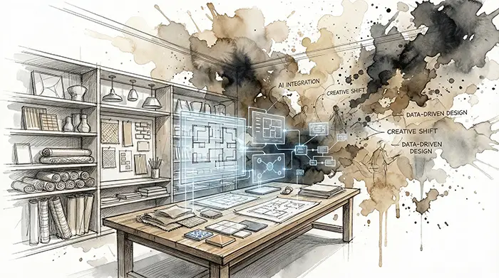 An AI-augmented interior design studio with samples and data screens, symbolising how AI changes interior design jobs.
