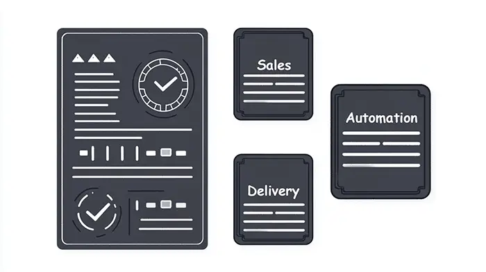 Three-lane flow showing Sales deal, Automation trigger, and Delivery project board with owner.