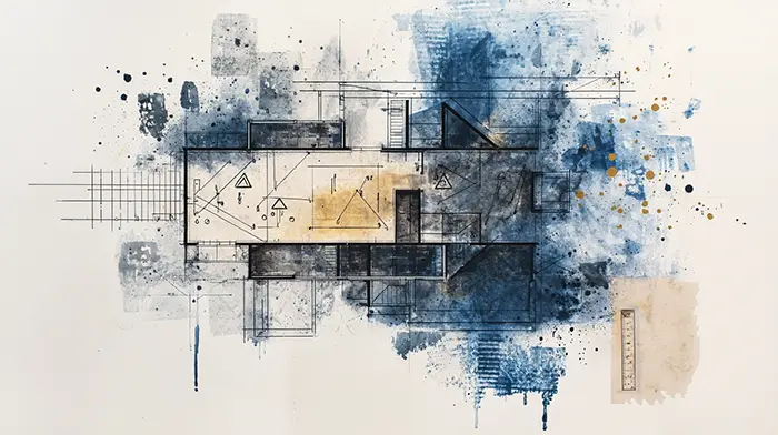 A taped floor plan with risk markers, timeline arrows, and performance checkpoints, highlighting AI learning for oversight and prediction.