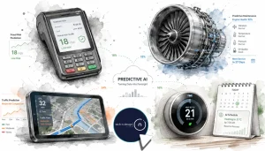 Illustration of predictive AI across payments, maintenance, traffic, and smart home scheduling, showing how forecasts help people act earlier.