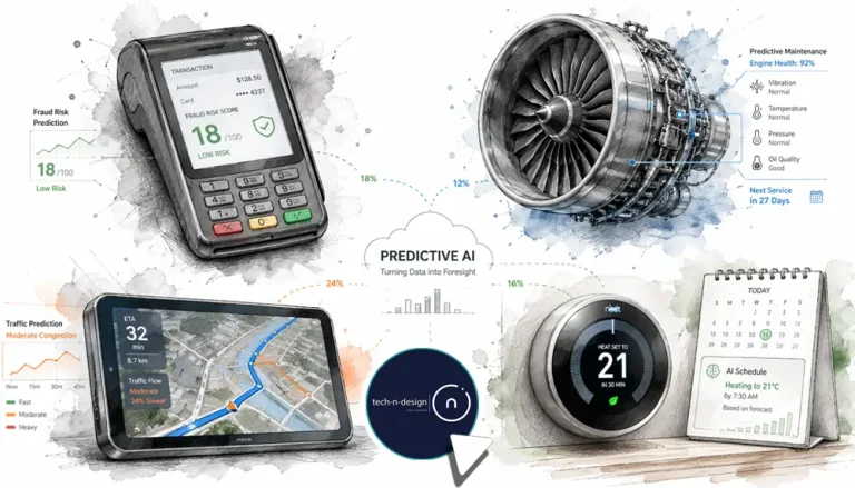 Illustration of predictive AI across payments, maintenance, traffic, and smart home scheduling, showing how forecasts help people act earlier.