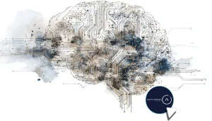 Conceptual illustration of generative AI as a computer brain, with layered circuitry, watercolor textures, and fine sketch details.