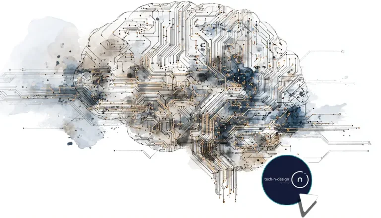 Conceptual illustration of generative AI as a computer brain, with layered circuitry, watercolor textures, and fine sketch details.