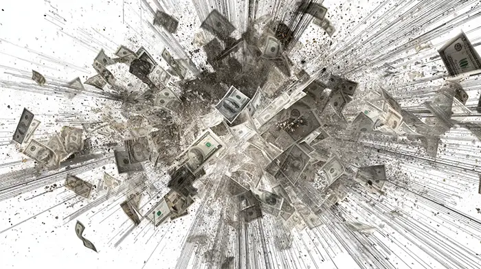 Illustration of payment cards and currency fragments radiating from a scanning grid, representing AI-powered real-time fraud detection in financial transactions