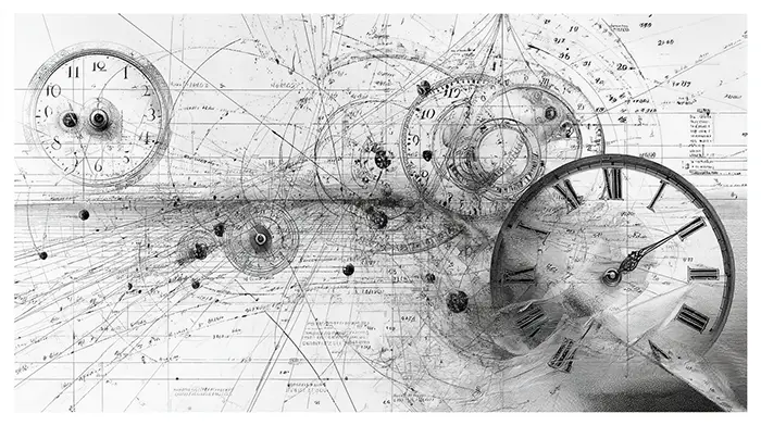 Illustration of calendar grids and route maps dissolving into motion trajectories, representing predictive AI tools used in daily scheduling, travel planning, and time management