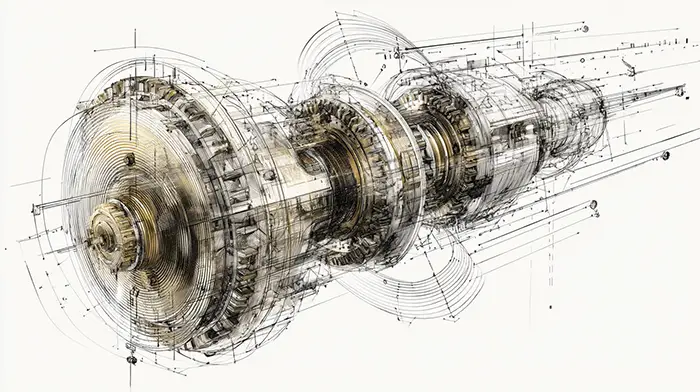 Illustration of a rotating turbine engine emitting diagnostic signal lines, representing predictive maintenance technology used in aviation and industrial operations