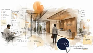 Sketch-style illustration of project automation tools supporting defect tracking, reporting, and coordination on an interior fit-out project.