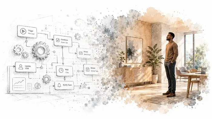 From automation to emotion concept: graphite workflow sketch dissolving into a watercolor of a person in a finished office interior