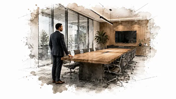 Client pausing quietly at handover in a finished boardroom, hand on the timber table, watercolor and pencil sketch