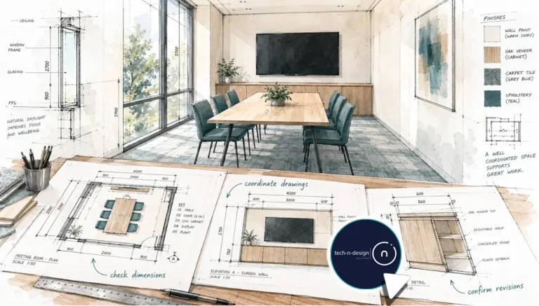 Architectural illustration of meeting-room drawings on a worktable, with the room visible behind them.