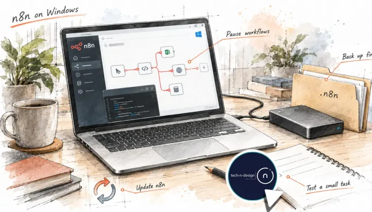 Laptop displaying connected workflow nodes beside update arrows, a folder and an external backup drive