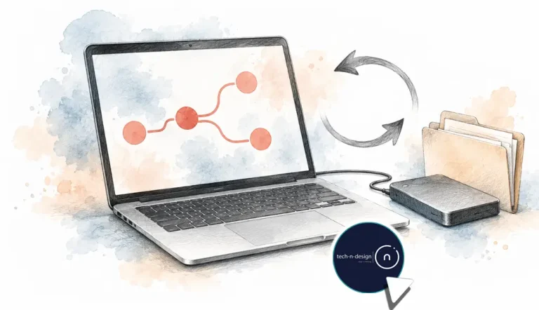 Laptop displaying connected workflow nodes beside update arrows, a folder and an external backup drive