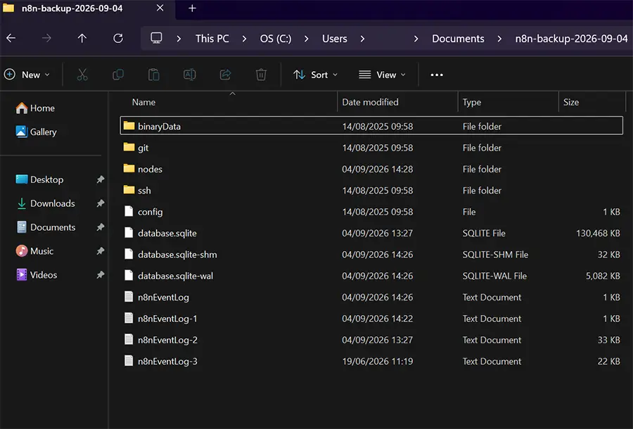 n8n backup folder showing config, database.sqlite and supporting files