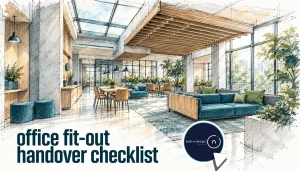 Architectural sketch of an office lounge with timber ceiling slats, blue-green seating and indoor planting.