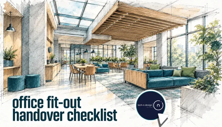 Architectural sketch of an office lounge with timber ceiling slats, blue-green seating and indoor planting.