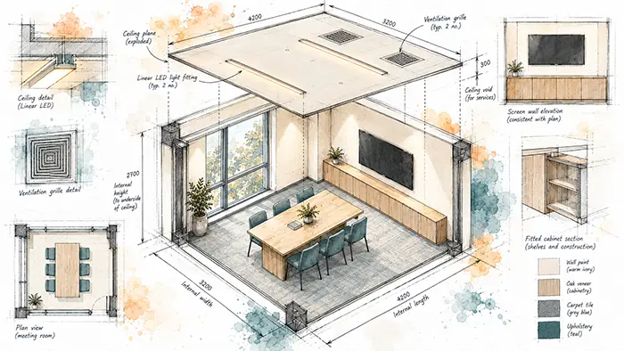 Cutaway illustration of a meeting room showing ceiling lights and ventilation grilles above the furniture.