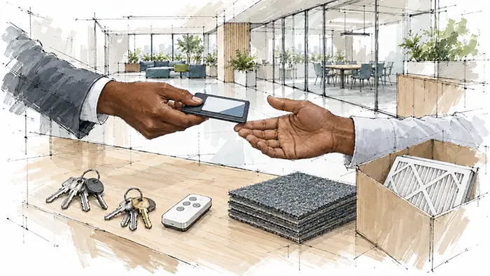 Illustrated close-up of a coordinator handing an access-card holder to a client beside keys and packaged spare materials.