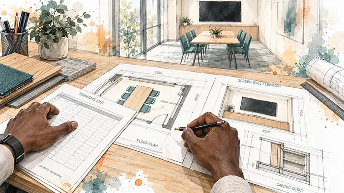Designer comparing a drawing list with interior plans arranged on a desk.
